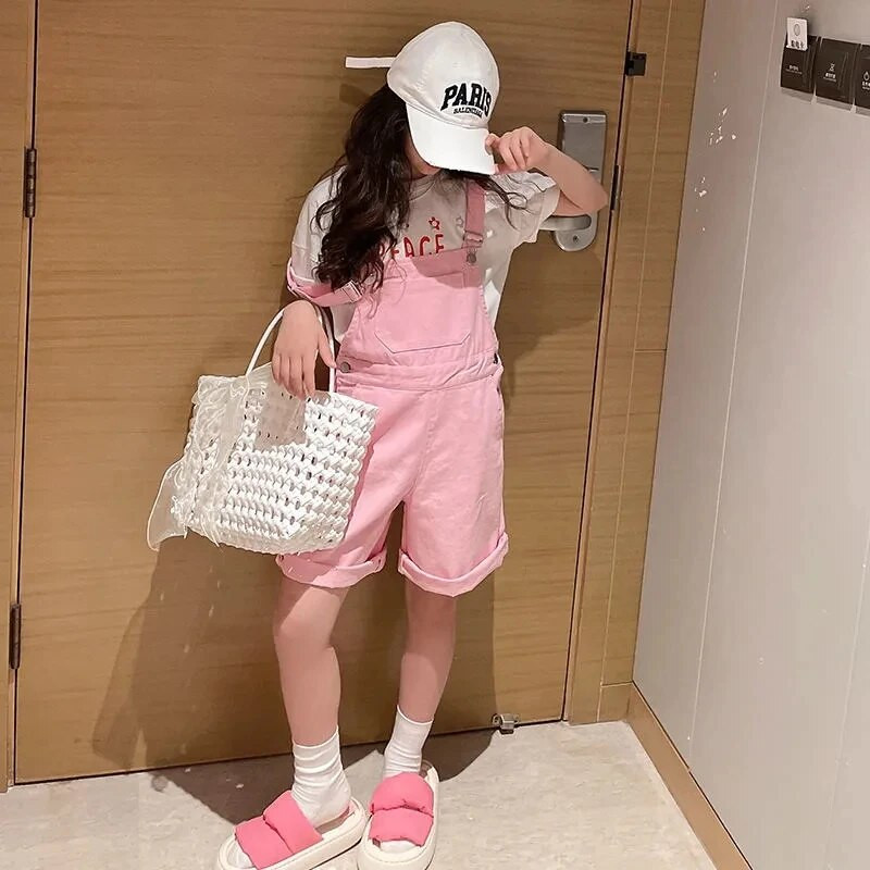 Dievčenské ružové overaly, šortky, letné ležérne overaly, bavlnené látkové šortky so suspenderom, mäkké detské nohavice absorbujúce pot.