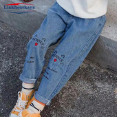 Horúce ponuky 100-160cm dievčenské džínsy s výšivkou mačky, dievčenské džínsy, jarné a jesenné džínsy, detské ležérne oblečenie