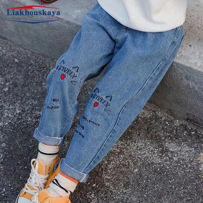 Horúce ponuky 100-160cm dievčenské džínsy s výšivkou mačky, dievčenské džínsy, jarné a jesenné džínsy, detské ležérne oblečenie