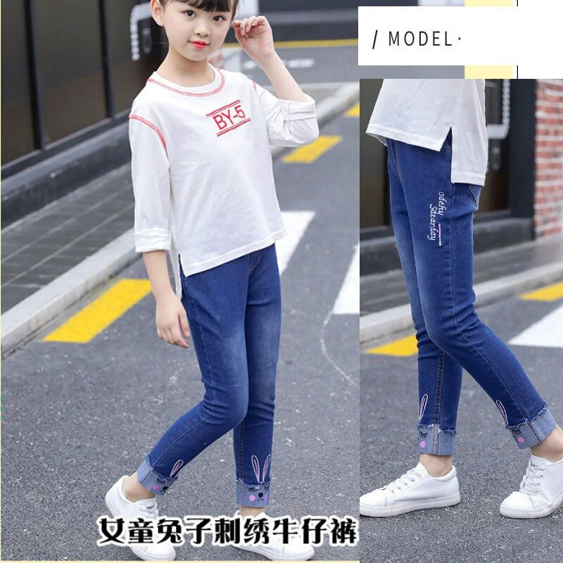 Horúce ponuky 100-160cm dievčenské džínsy s výšivkou mačky, dievčenské džínsy, jarné a jesenné džínsy, detské ležérne oblečenie