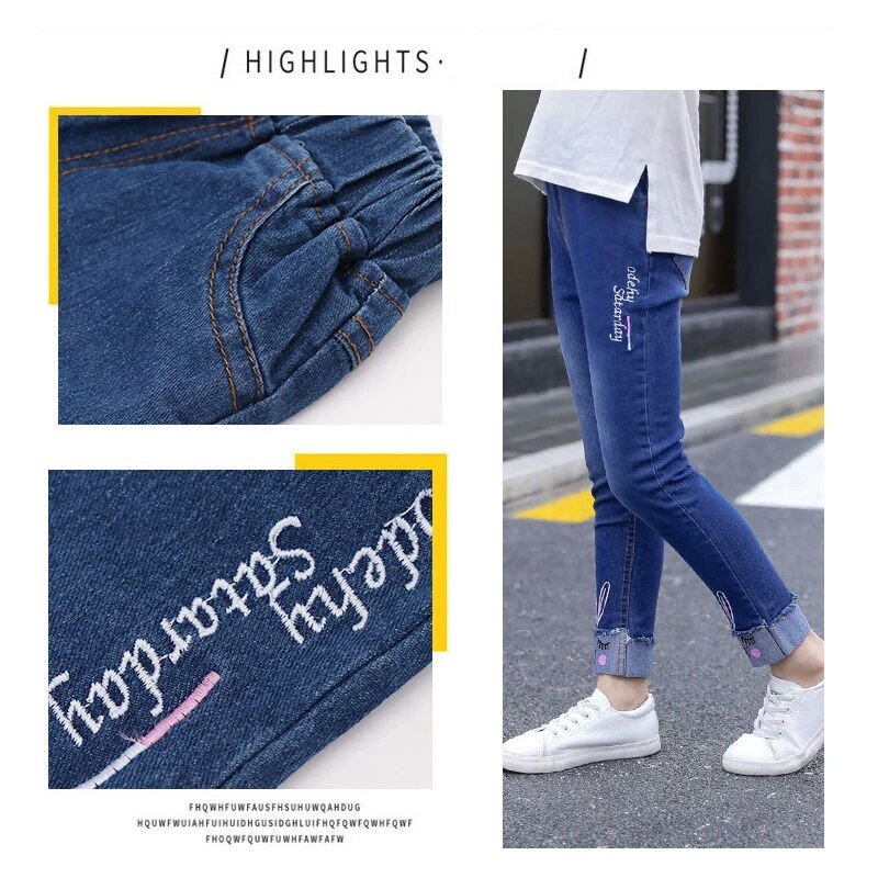 Horúce ponuky 100-160cm dievčenské džínsy s výšivkou mačky, dievčenské džínsy, jarné a jesenné džínsy, detské ležérne oblečenie