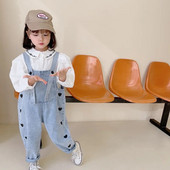 Koreai stílusú Cute Girls Farmer Overall Tavaszi Őszi Szívnyomó Gyerek Laza Alkalmi harisnyatartó farmer Nadrág 2-8 Y