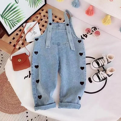 Koreai stílusú Cute Girls Farmer Overall Tavaszi Őszi Szívnyomó Gyerek Laza Alkalmi harisnyatartó farmer Nadrág 2-8 Y