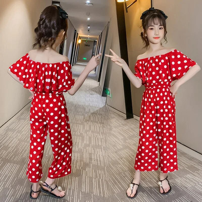 Overal pre dospievajúce dievčatá, dievčenské šaty s odhalenými ramenami, bodkovaný vzor, dievčenský overal, letné oblečenie pre dievčatá, outfity pre 6, 8, 10 a 12 rokov