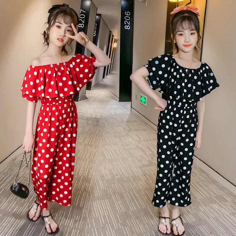 Overal pre dospievajúce dievčatá, dievčenské šaty s odhalenými ramenami, bodkovaný vzor, dievčenský overal, letné oblečenie pre dievčatá, outfity pre 6, 8, 10 a 12 rokov