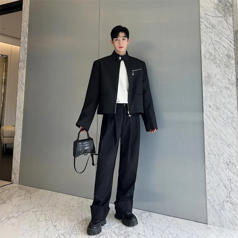 NOYMEI Krátke elegantné sako na zips v kórejskom štýle s kovovým dizajnom, trojrozmernou vypchávkou na ramená, čierne jesenné sako WA2640