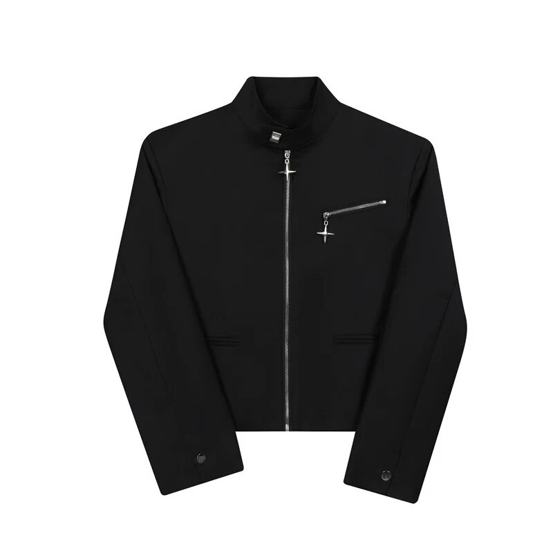 NOYMEI Krátke elegantné sako na zips v kórejskom štýle s kovovým dizajnom, trojrozmernou vypchávkou na ramená, čierne jesenné sako WA2640