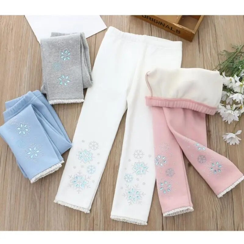 Legíny s ľadovou princeznou pre dievčatá, jeseň/zima, detské nohavice s diamantmi, hrubé polar fleecové nohavice s ceruzkami pre dievčatká