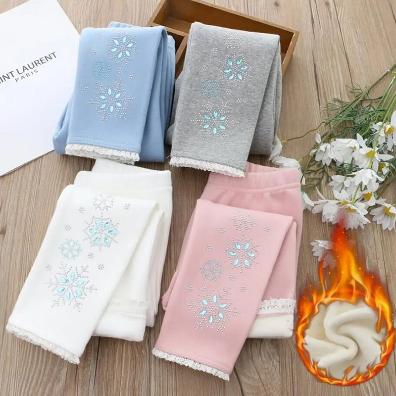 Legíny s ľadovou princeznou pre dievčatá, jeseň/zima, detské nohavice s diamantmi, hrubé polar fleecové nohavice s ceruzkami pre dievčatká