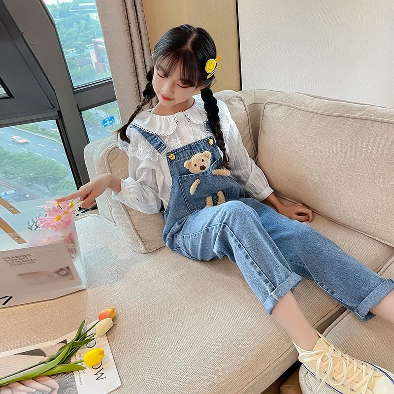 2-12Y Mažylių Kombinezonas Vasariniai Džinsai Kombinezonai Paaugliams Medvilniniai Vaikiški Animaciniai filmukai Meškiuko kelnės madingi pavasariniai vaikiški šliaužtinukai