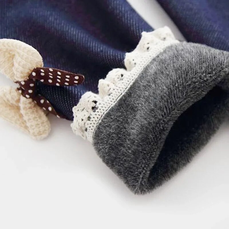 Dievčenské nohavice, hrubé teplé zimné jarné džínsy s mašľou, legíny, detské nohavice