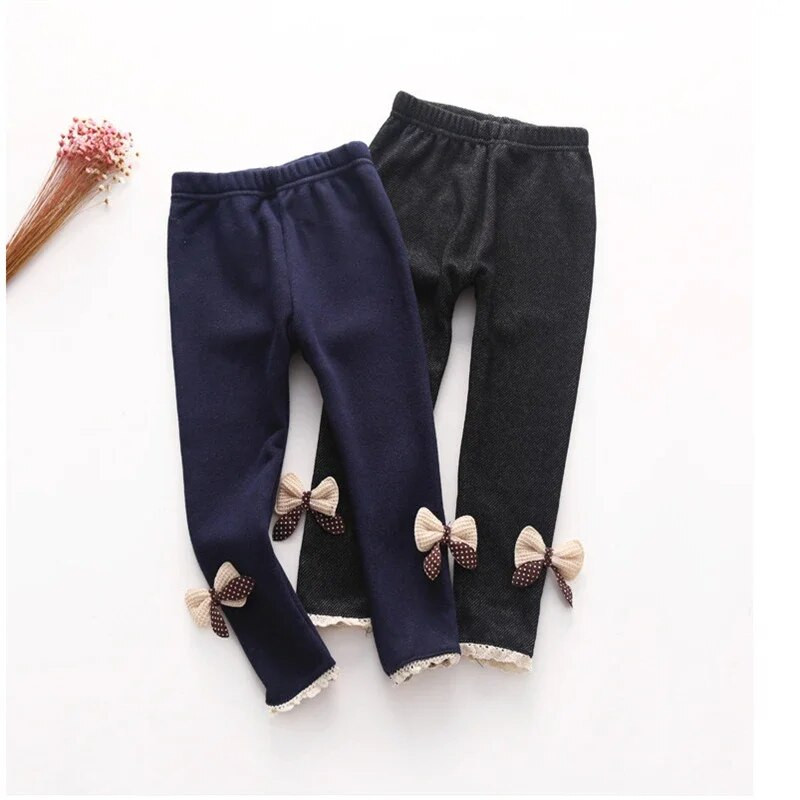 Dievčenské nohavice, hrubé teplé zimné jarné džínsy s mašľou, legíny, detské nohavice