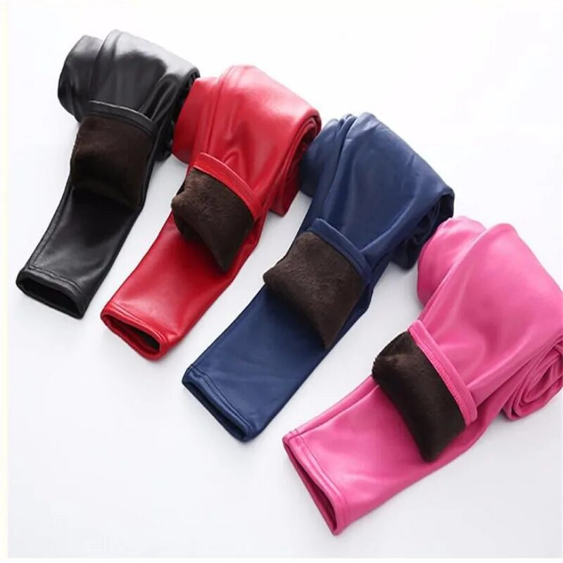 Zimné dievčenské legíny PU Plus Velvet Thick Detské teplé nohavice Kožené ceruzkové nohavice Elastický pás Jednofarebné ležérne