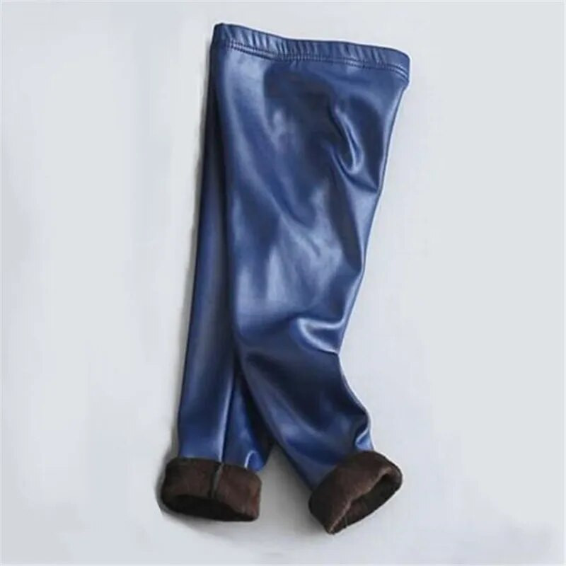 Zimné dievčenské legíny PU Plus Velvet Thick Detské teplé nohavice Kožené ceruzkové nohavice Elastický pás Jednofarebné ležérne