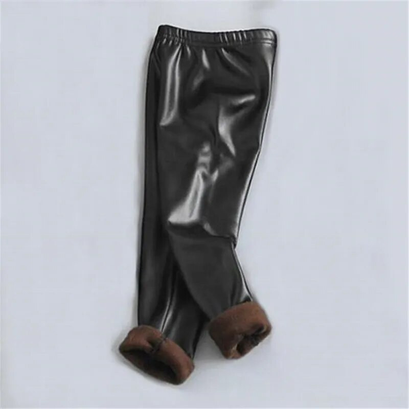 Zimné dievčenské legíny PU Plus Velvet Thick Detské teplé nohavice Kožené ceruzkové nohavice Elastický pás Jednofarebné ležérne