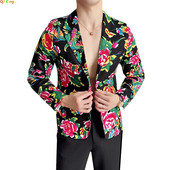 Jachetă de costum subțire, neagră, imprimată, pentru bărbați, cu decolteu în V, cu un singur buton, haină roșie, stil nostalgic, cu mânecă lungă, mărime mare M-5XL