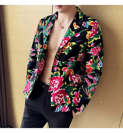 Jachetă de costum subțire, neagră, imprimată, pentru bărbați, cu decolteu în V, cu un singur buton, haină roșie, stil nostalgic, cu mânecă lungă, mărime mare M-5XL