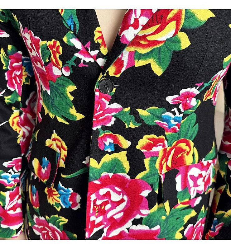 Jachetă de costum subțire, neagră, imprimată, pentru bărbați, cu decolteu în V, cu un singur buton, haină roșie, stil nostalgic, cu mânecă lungă, mărime mare M-5XL