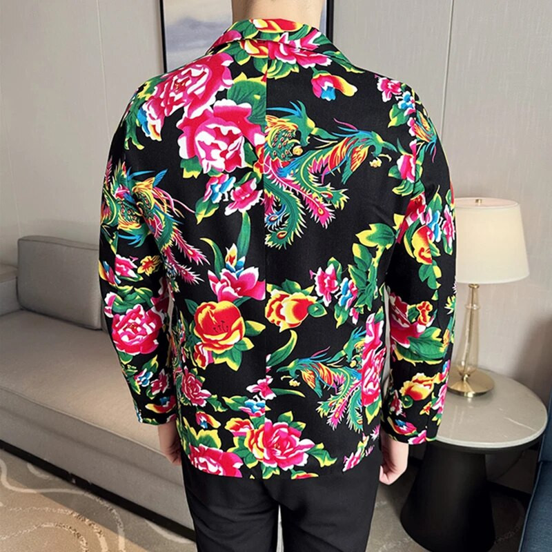 Jachetă de costum subțire, neagră, imprimată, pentru bărbați, cu decolteu în V, cu un singur buton, haină roșie, stil nostalgic, cu mânecă lungă, mărime mare M-5XL