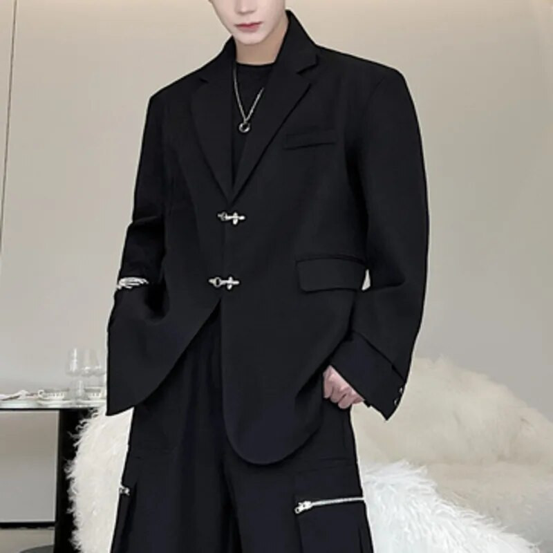 Pánske jesenné jarné saká PFNW, tmavé oblečenie, kovové gombíky, dizajn na ramenách, kabát, dvojité manžety, jednoduché topy 12Z2041