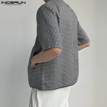 INCERUN μπλουζάκια 2023 Όμορφα ανδρικά σχέδια χωρίς γιακά κοστούμια casual παλτό Κομψά ανδρικά Hot εκπτώσεις Κοντό μανίκι Cardigan Blazer S-5XL
