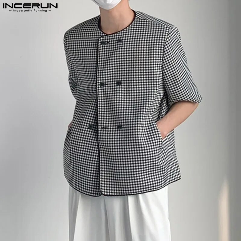 INCERUN Topy 2023 Pekné pánske bez goliera Dizajn Ležérne obleky Kabáty Štýlové pánske Hot Výpredaj S krátkym rukávom Cardigan Blazer S-5XL