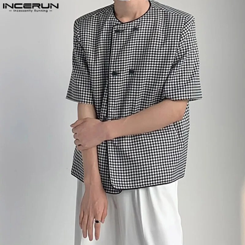 INCERUN Topy 2023 Pekné pánske bez goliera Dizajn Ležérne obleky Kabáty Štýlové pánske Hot Výpredaj S krátkym rukávom Cardigan Blazer S-5XL