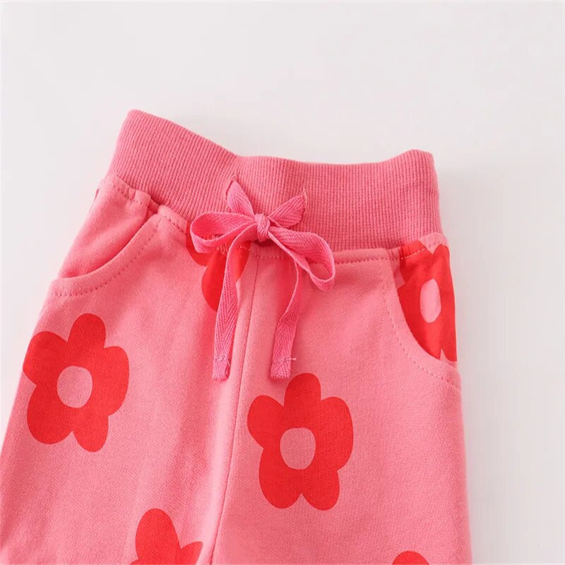 Jumping Meters Nový príchod kvetinovej potlače sťahovacou šnúrkou pre dievčatá, horúci predaj detského oblečenia pre batoľatá, kvetinové batoľacie nohavice