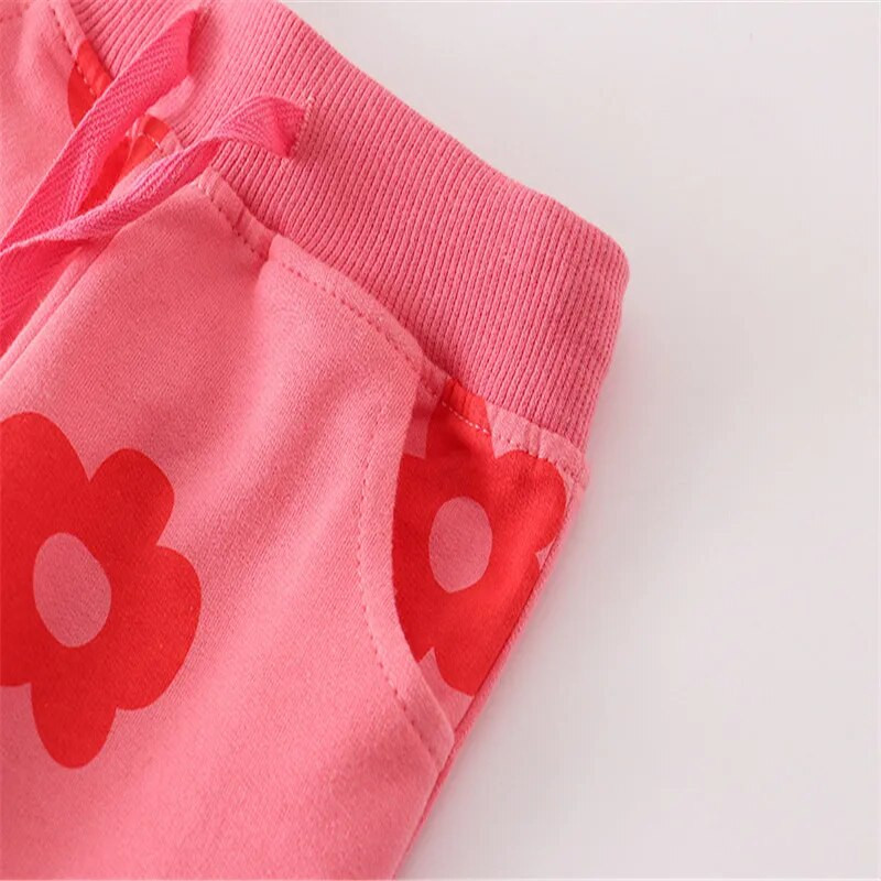 Jumping Meters Nový príchod kvetinovej potlače sťahovacou šnúrkou pre dievčatá, horúci predaj detského oblečenia pre batoľatá, kvetinové batoľacie nohavice