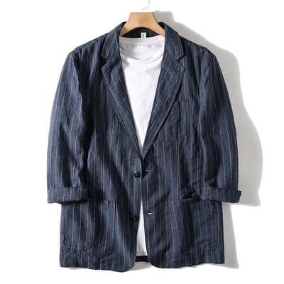 Noua versiune coreeană de modă pentru bărbați a sacouului cu mâneci în șapte puncte, relaxat, respirabil, casual, de vară, cu dungi verticale