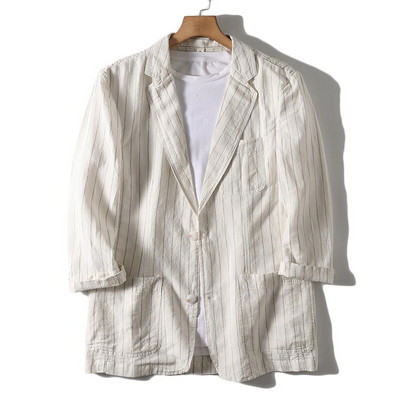 Noua versiune coreeană de modă pentru bărbați a sacouului cu mâneci în șapte puncte, relaxat, respirabil, casual, de vară, cu dungi verticale