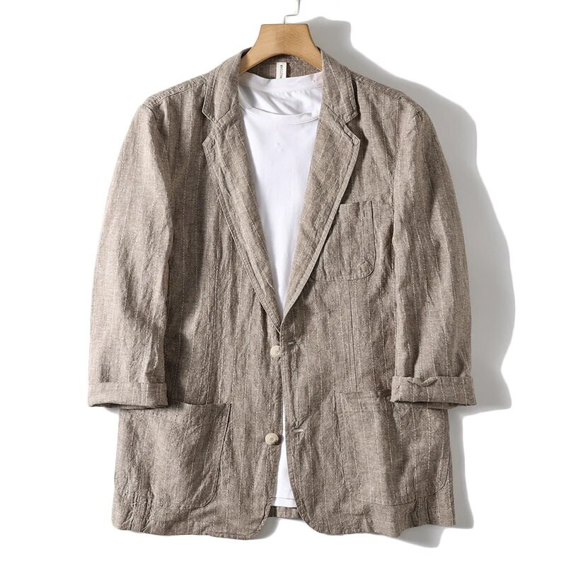 Noua versiune coreeană de modă pentru bărbați a sacouului cu mâneci în șapte puncte, relaxat, respirabil, casual, de vară, cu dungi verticale