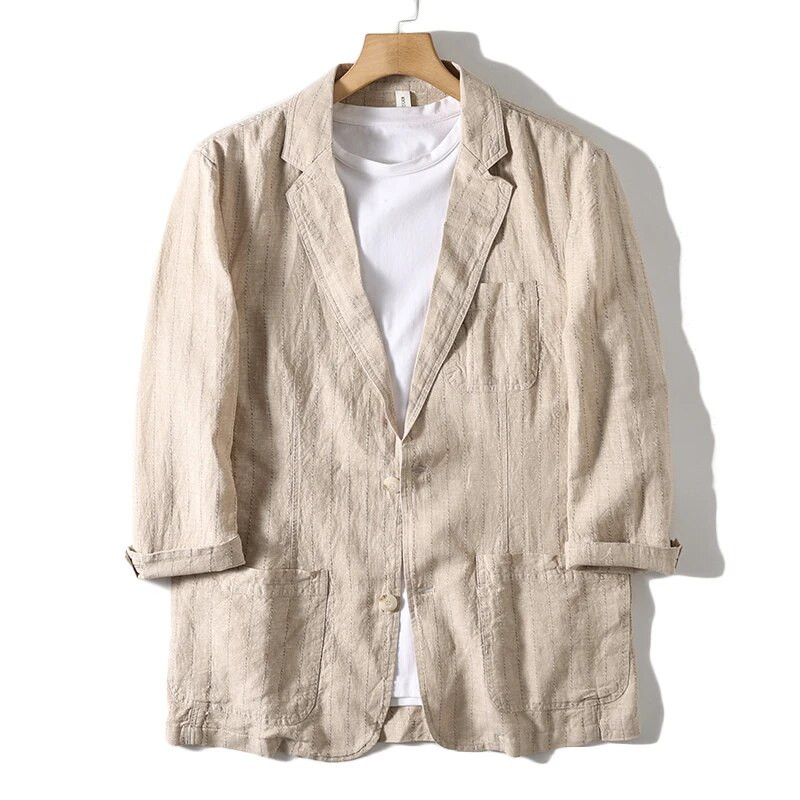 Noua versiune coreeană de modă pentru bărbați a sacouului cu mâneci în șapte puncte, relaxat, respirabil, casual, de vară, cu dungi verticale