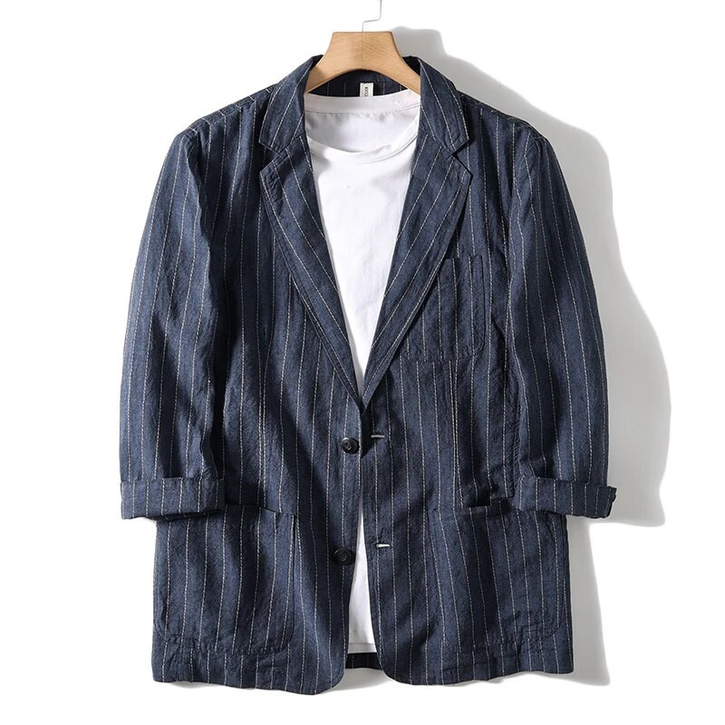 Noua versiune coreeană de modă pentru bărbați a sacouului cu mâneci în șapte puncte, relaxat, respirabil, casual, de vară, cu dungi verticale
