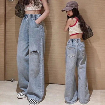 Κορεάτικο τζιν κορεατικά σκισμένα παντελόνια για κορίτσια μόδας δυτικού στυλ Φαρδιά πόδι παντελόνι Άνοιξη φθινόπωρο Παιδιά σκισμένα τζιν
