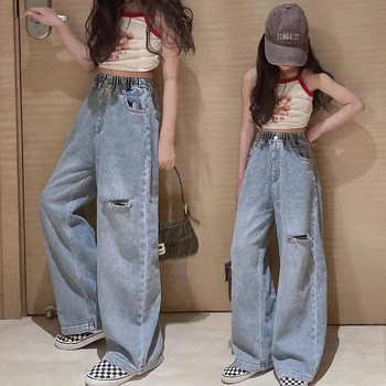 Дънки за момичета Корейска версия Скъсани ежедневни панталони Мода за момичета Широки панталони в западен стил Пролет Есен Детски скъсани дънки