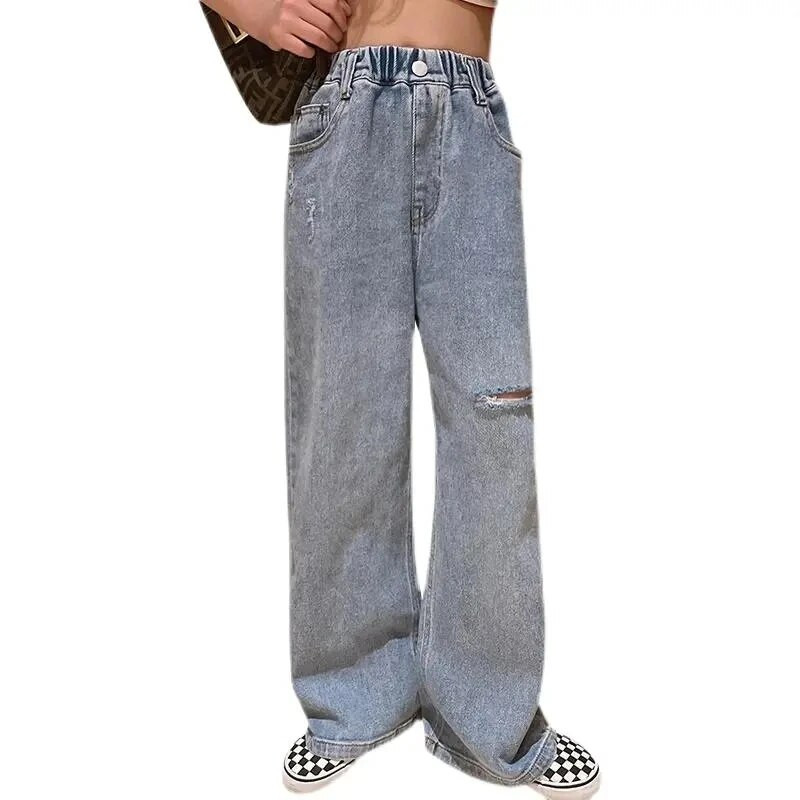 Dievčenské džínsy, kórejská verzia, roztrhané ležérne nohavice, dievčenská móda v západnom štýle, široké nohavice, jarné a jesenné detské roztrhané džínsy