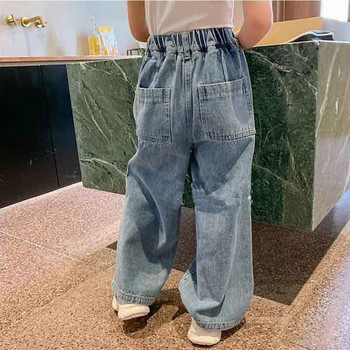 Нови дънкови панталони за момичета Дрехи за момичета Детски прави широки дънки с разкъсани дупки Панталони с ластик на талията Детски тийнейджърски дънкови широки панталони