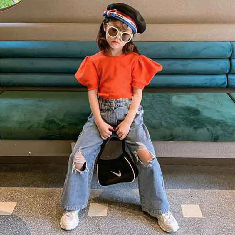 Jeans pentru fete noi, pantaloni, haine pentru fete, pentru copii, drepte rupte, blugi largi, pantaloni cu talie elastică, copii, adolescenți, pantaloni largi din denim