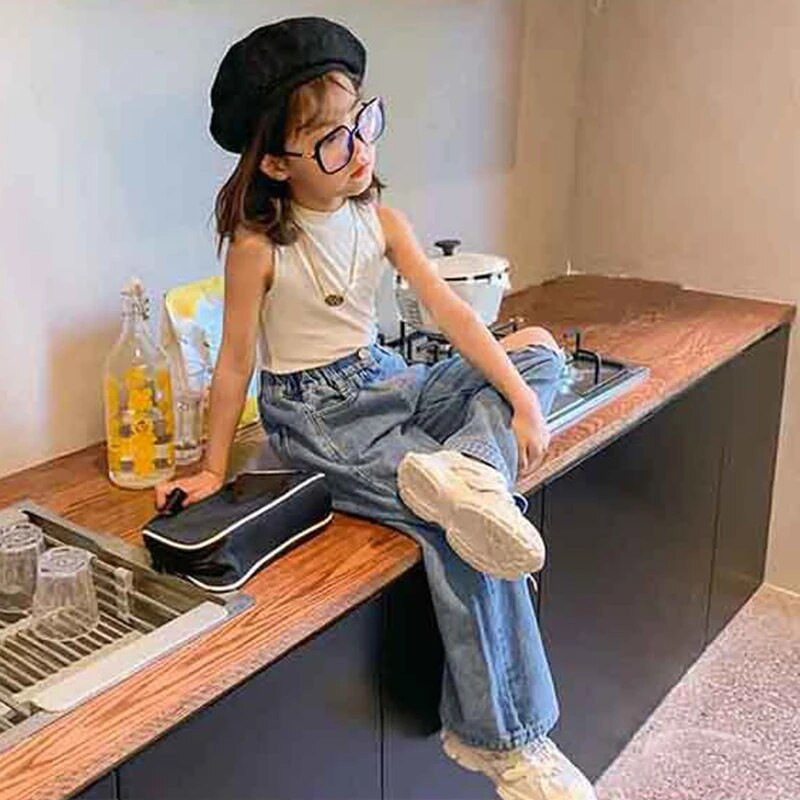 Jeans pentru fete noi, pantaloni, haine pentru fete, pentru copii, drepte rupte, blugi largi, pantaloni cu talie elastică, copii, adolescenți, pantaloni largi din denim