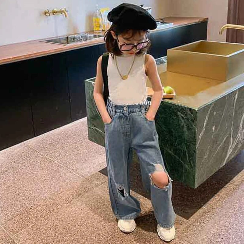 Jeans pentru fete noi, pantaloni, haine pentru fete, pentru copii, drepte rupte, blugi largi, pantaloni cu talie elastică, copii, adolescenți, pantaloni largi din denim