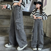 Adolescente Blugi Cargo cu picioare largi 2024 Moda de toamna Copii Pantaloni casual din denim Scoala Copii mici Pantaloni largi drepti 15 ani