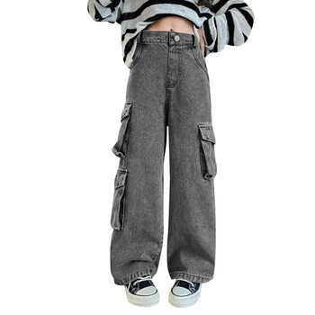Широки карго дънки за тийнейджърки 2024 Есенна мода Детски ежедневни дънкови панталони Училищни малки деца Прави широки панталони 15 г.