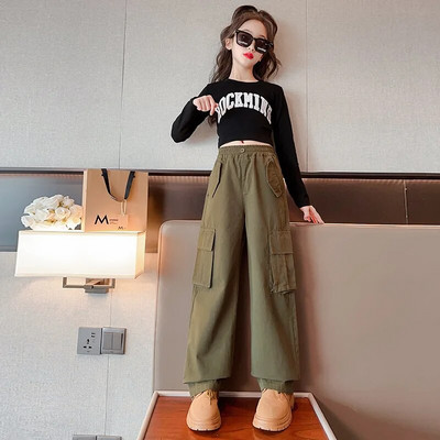 Adolescente Blugi Cargo cu picioare largi 2024 Moda de toamna Copii Pantaloni casual din denim Scoala Copii mici Pantaloni largi drepti 15 ani