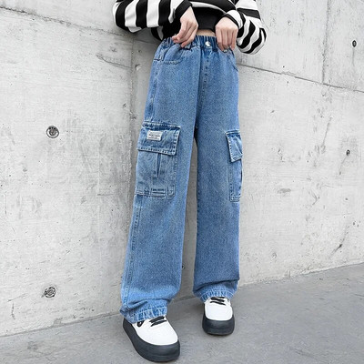 Adolescente Blugi Cargo cu picioare largi 2024 Moda de toamna Copii Pantaloni casual din denim Scoala Copii mici Pantaloni largi drepti 15 ani
