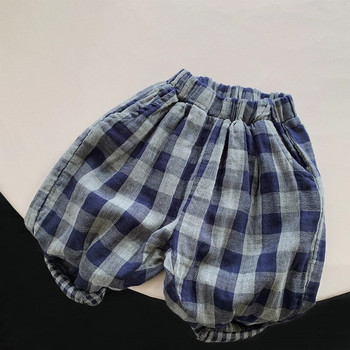 Детски ретро сини карирани панталони 2022, пролет, есен, нови корейски двуслойни памучни ежедневни харем панталони за момчета и момичета WTP121