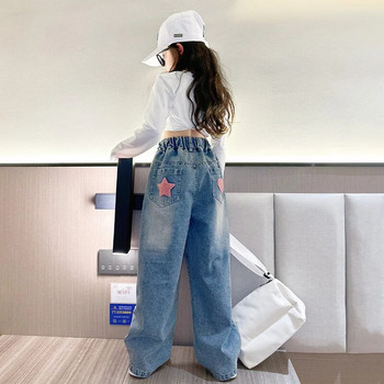 Ученически широки панталони за момичета със звезден дизайн на сърце Ежедневни свободни 2024 Детски модни дълги дънки Детски панталони в корейски стил