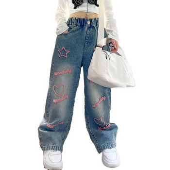 Ученически широки панталони за момичета със звезден дизайн на сърце Ежедневни свободни 2024 Детски модни дълги дънки Детски панталони в корейски стил