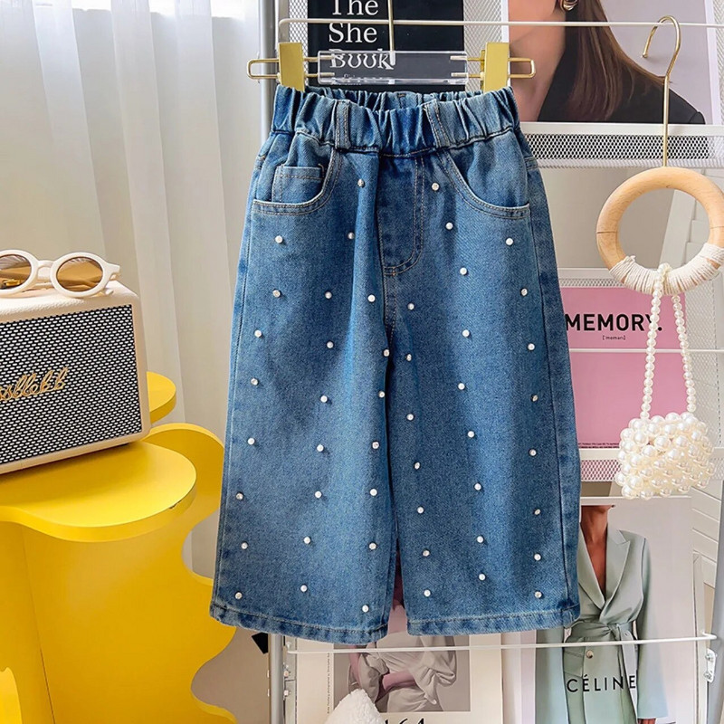 Κορεάτικη άνοιξη φθινόπωρο Παιδικό τζιν παντελόνι κοριτσιού Βαμβακερό ψεύτικο μαργαριτάρι Ευέλικτο παντελόνι κοριτσιού ελαστικό Παιδικό κοριτσάκι παντελόνι φαρδύ πόδι