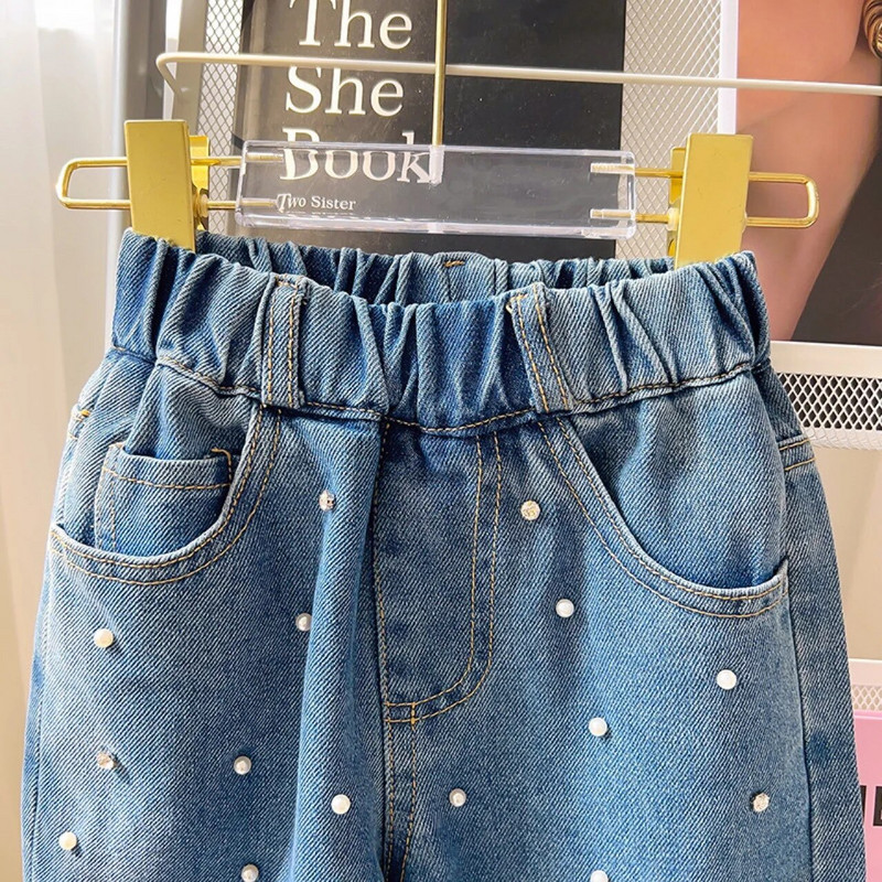 Κορεάτικη άνοιξη φθινόπωρο Παιδικό τζιν παντελόνι κοριτσιού Βαμβακερό ψεύτικο μαργαριτάρι Ευέλικτο παντελόνι κοριτσιού ελαστικό Παιδικό κοριτσάκι παντελόνι φαρδύ πόδι